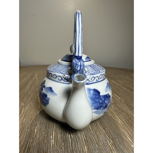 Chinese B/W Teapot, Yongzheng Mark, Water Dragons, River Landscape Village Scene - Picture 5 of 12